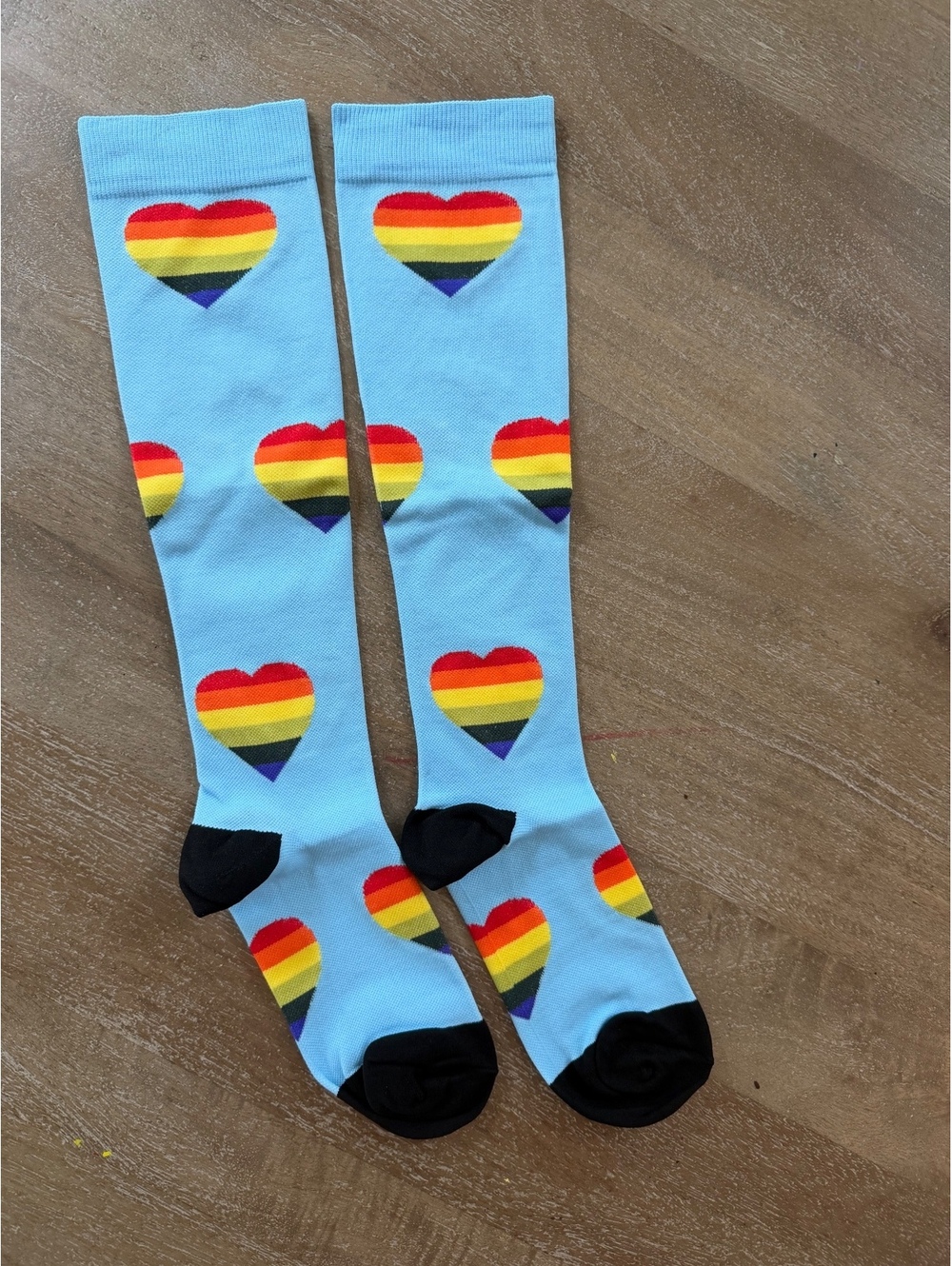 Rainbow Heart Patterned Knee High Socks in Light Blue
